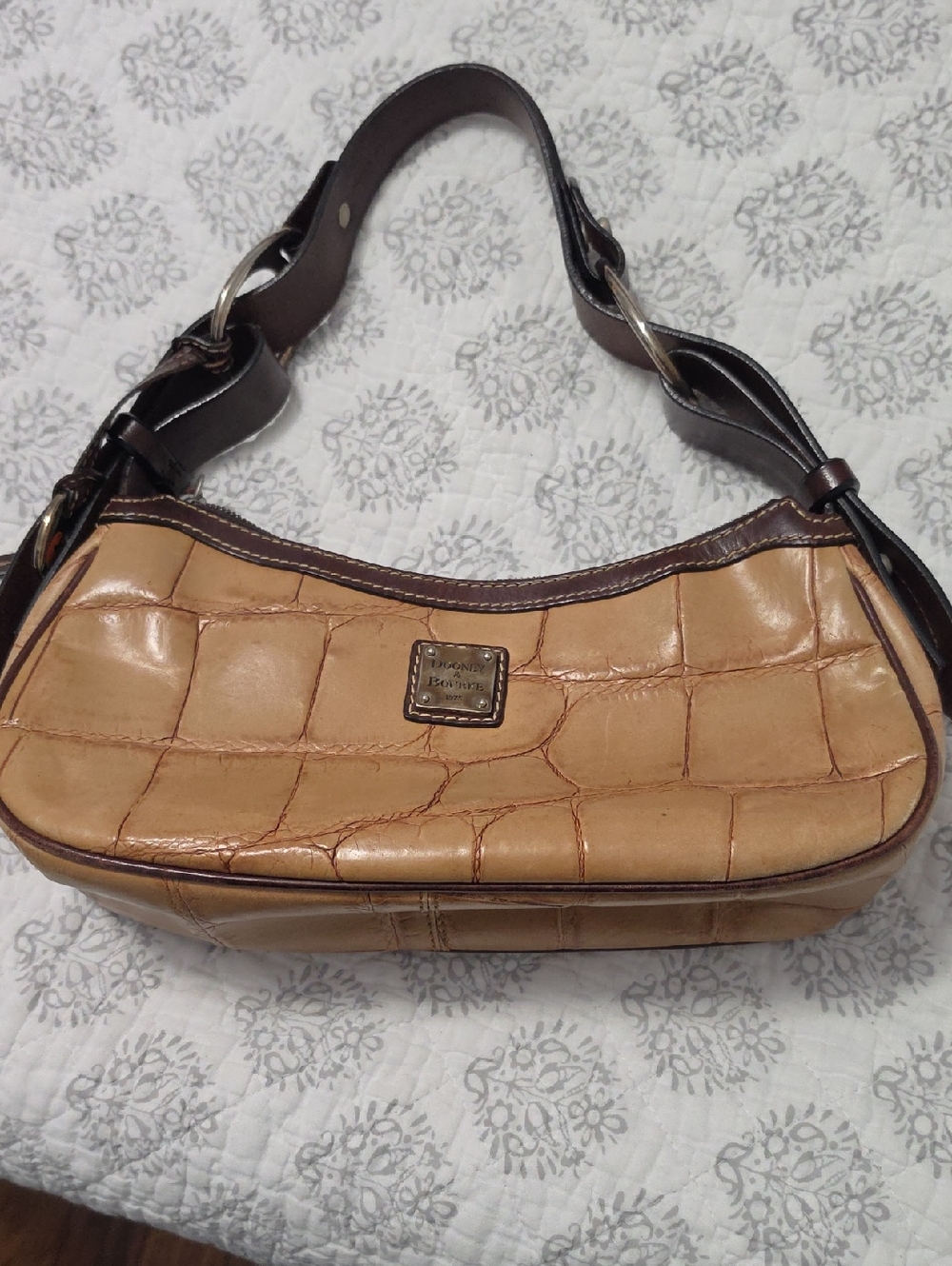 Dooney & Bourke Tan Croc-Embossed Shoulder Bag with Dark Brown Trim